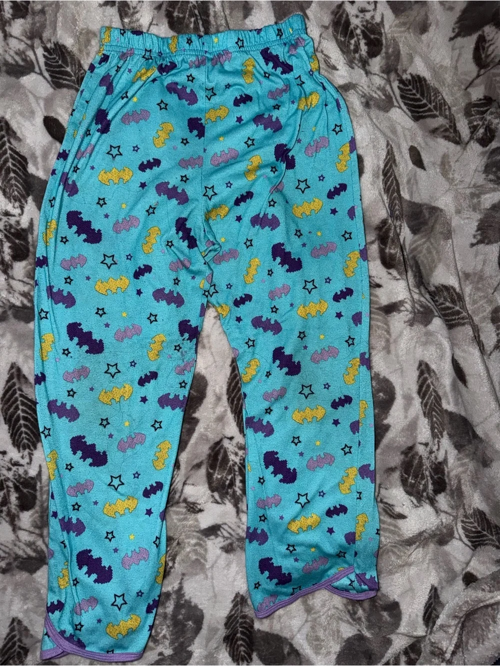 Lego Turquoise Pajama Pants with Purple and Yellow Bat Print